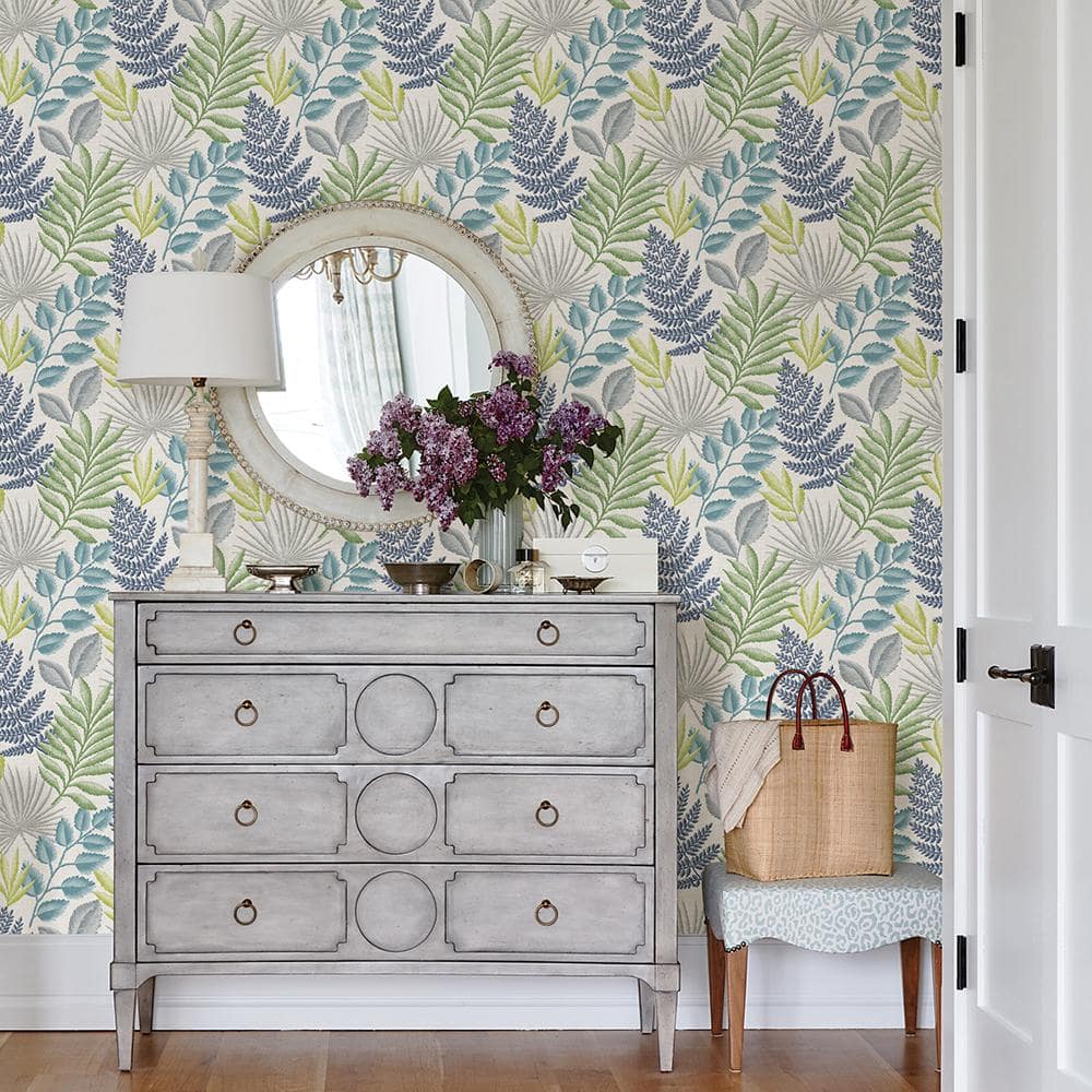 Palomas Coastal Botanical Wallpaper in Grey, Turquoise, and Green