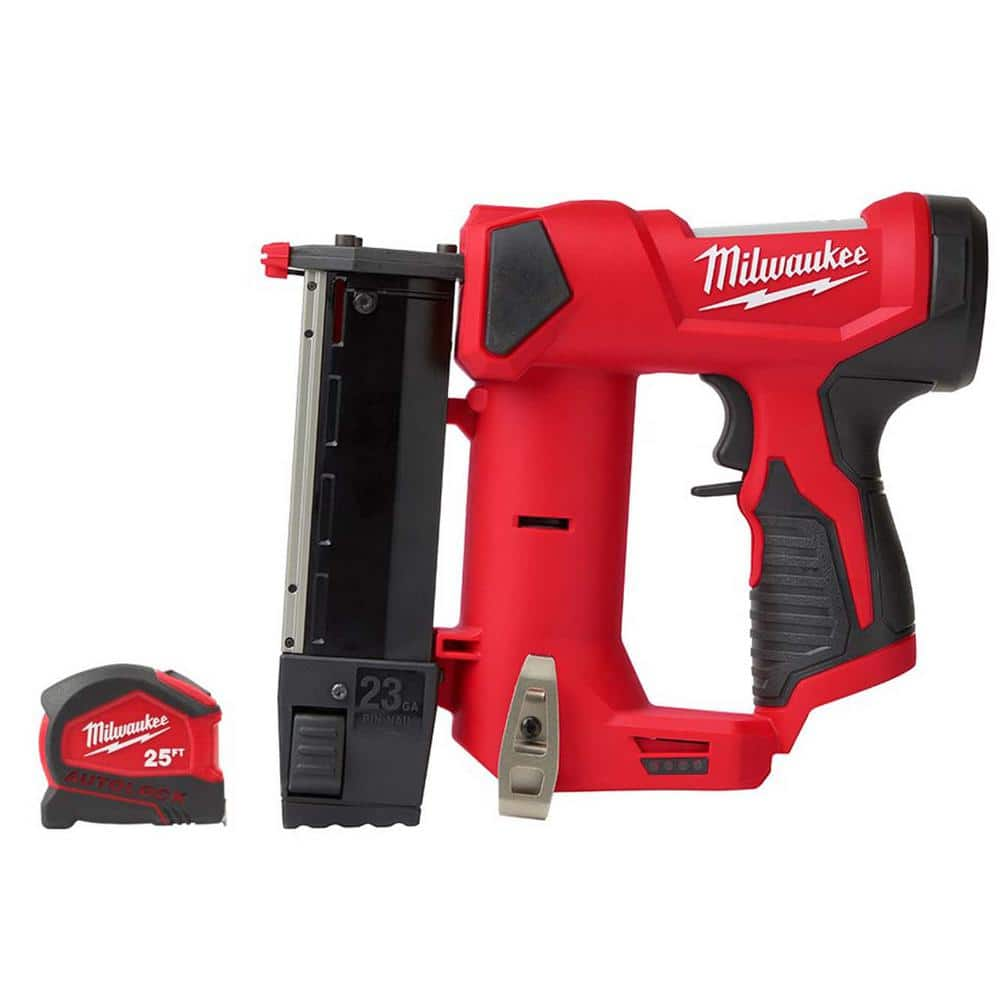 Milwaukee M12 23GA PIN NAILER with 25 ft. Compact Auto Lock Tape ...