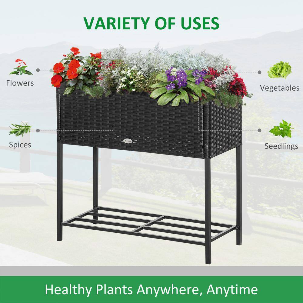 Black Rectangular Rattan Wicker Elevated Garden Bed with Tool Shelf