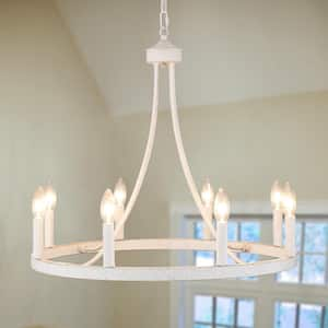 Loene 8-Light White Farmhouse Candle Style Dimmable Wagon Wheel Chandelier for Living Room Kitchen Island Dining Foyer