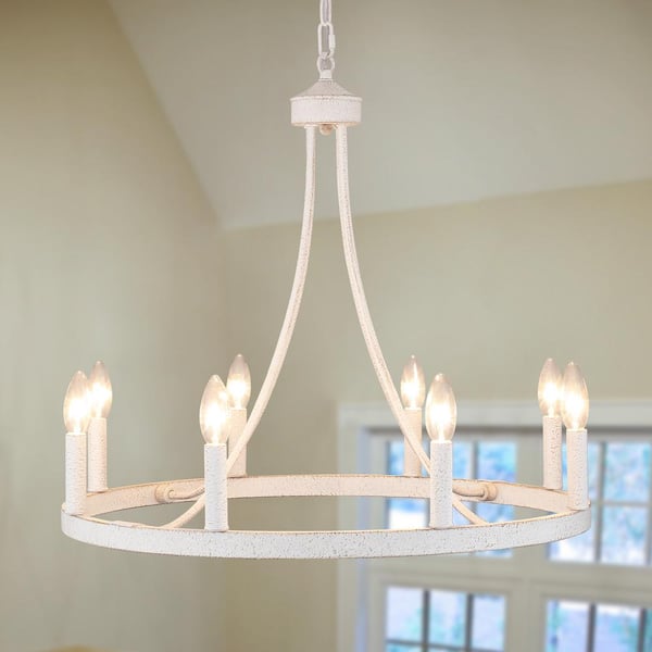 LWYTJO Loene 8-Light White Farmhouse Candle Style Dimmable Wagon Wheel Chandelier for Living Room Kitchen Island Dining Foyer