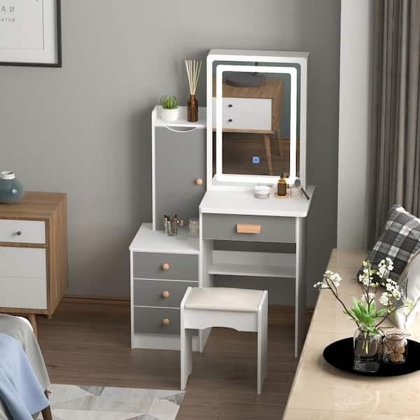 5-Drawers White Wood Makeup Vanity Set Dressing Desk W/ Stool, LED Round  Mirror and Storage Shelves 52x 31.5x 15.7 in.