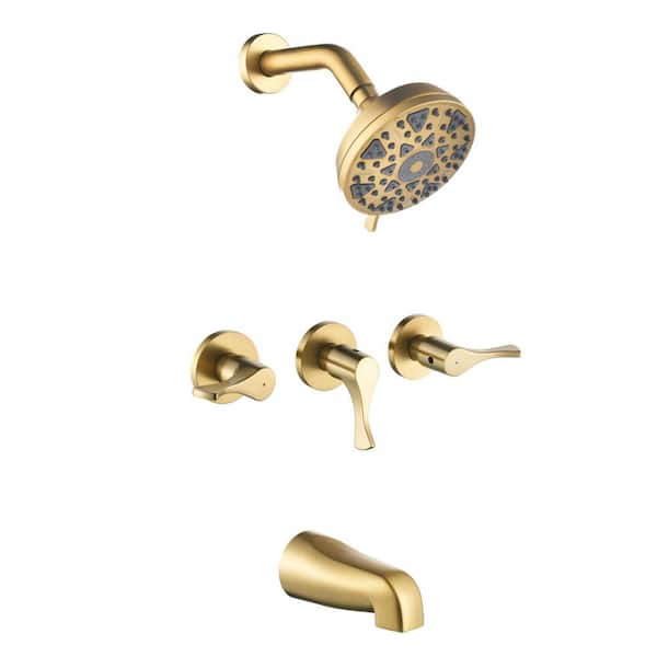 3 Handle 6-Spray Tub and Shower Faucet 1.8 GPM Wall Mount Shower System with Tub Spout Brushed Gold Brass Valve Included