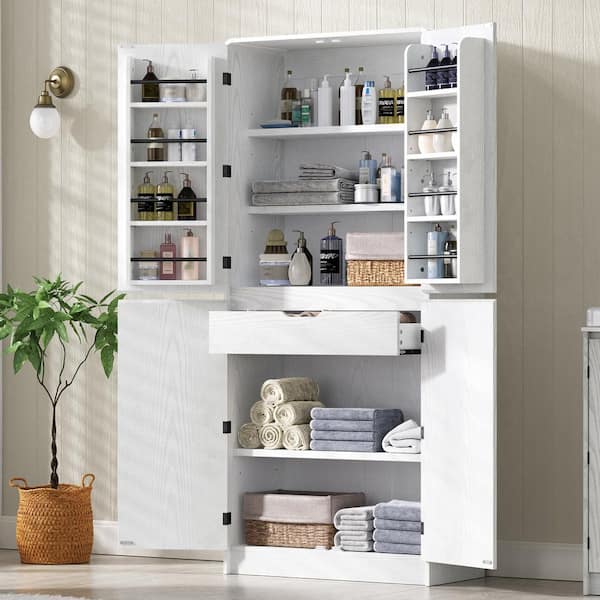 White 72 in. Tall Kitchen Pantry Cabinet Curved Design Storage Cabinet with Drawer, 8 Door Shelves