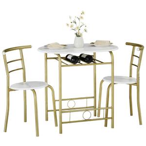 3-Piece Dining Table Set for Compact Space with Steel Frame, Wooden Round Table with Built-in Wine Rack, Golden