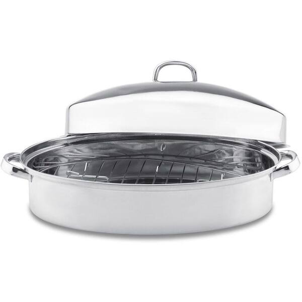 Vinaroz Collection 9 qt. Oval Roaster with Rack and High Lid in Stainless Steel