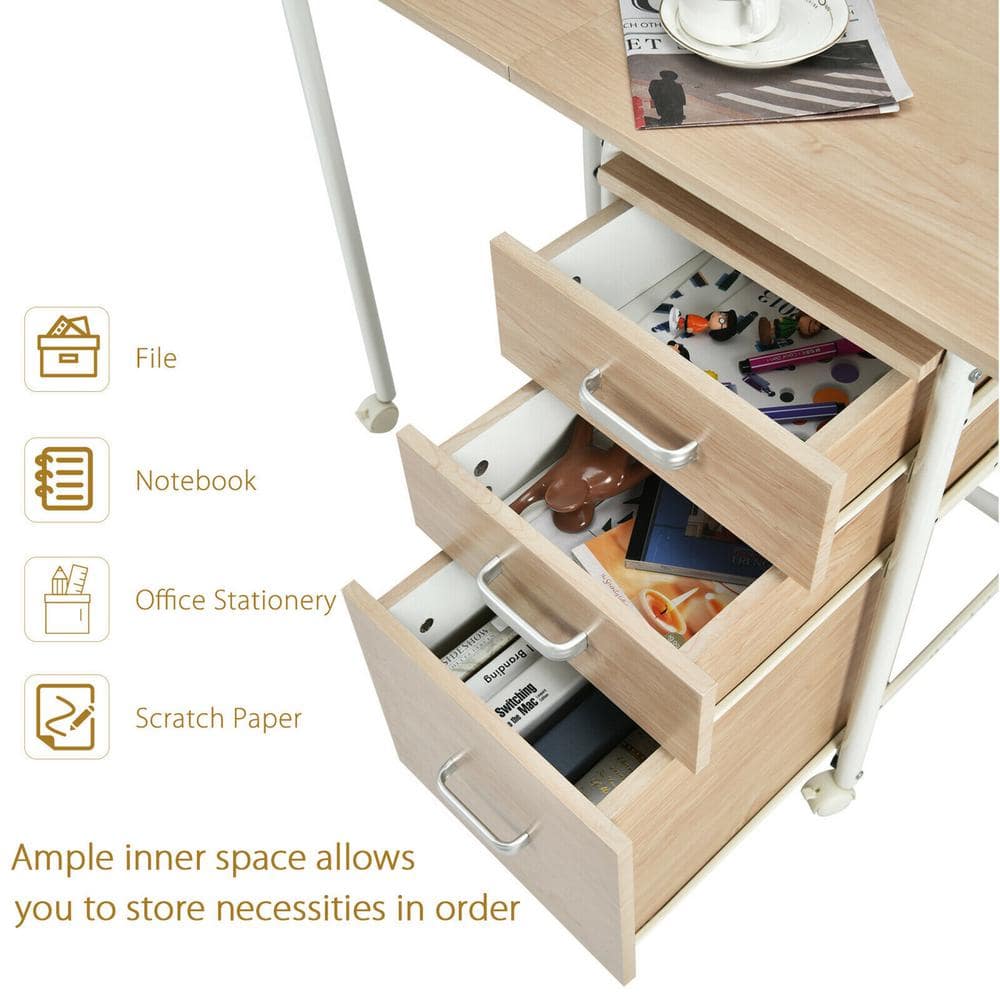 Oak Foldable Computer Desk with Drawers and Wheels
