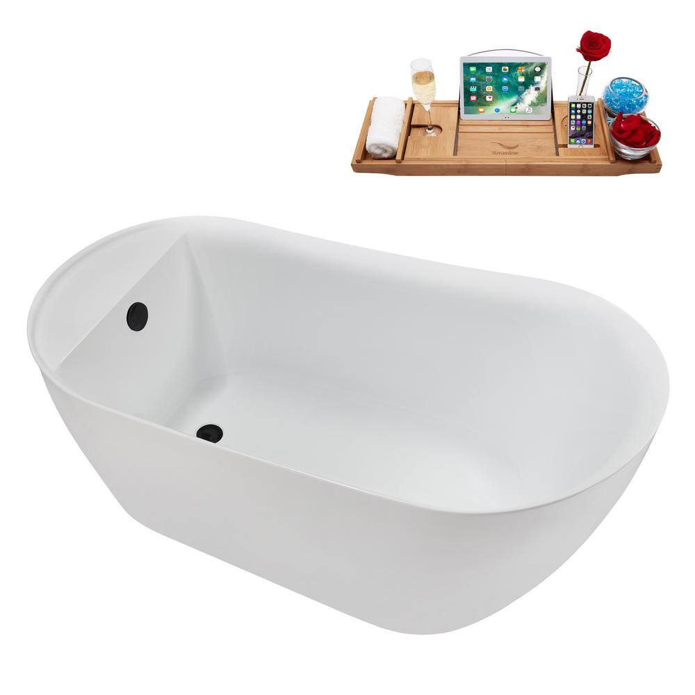 59" Glossy White Acrylic Freestanding Soaking Bathtub with Matte Black Trim