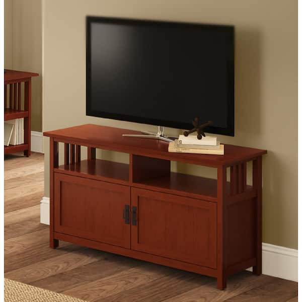 Alaterre Furniture Mission 16 in. Cherry Wood TV Stand Fits TVs Up to 50 in. with Storage Doors