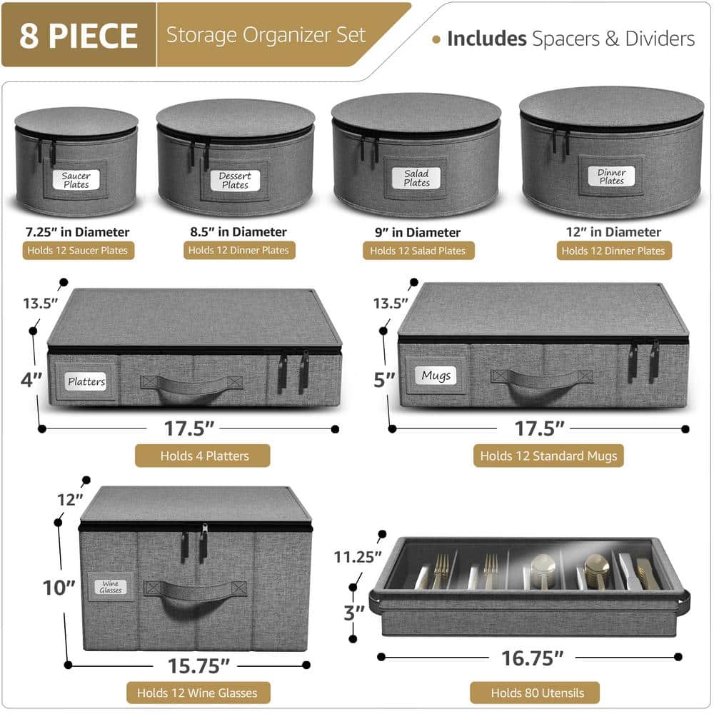 Gray 8-Piece Hard Shell Dinnerware Storage Set