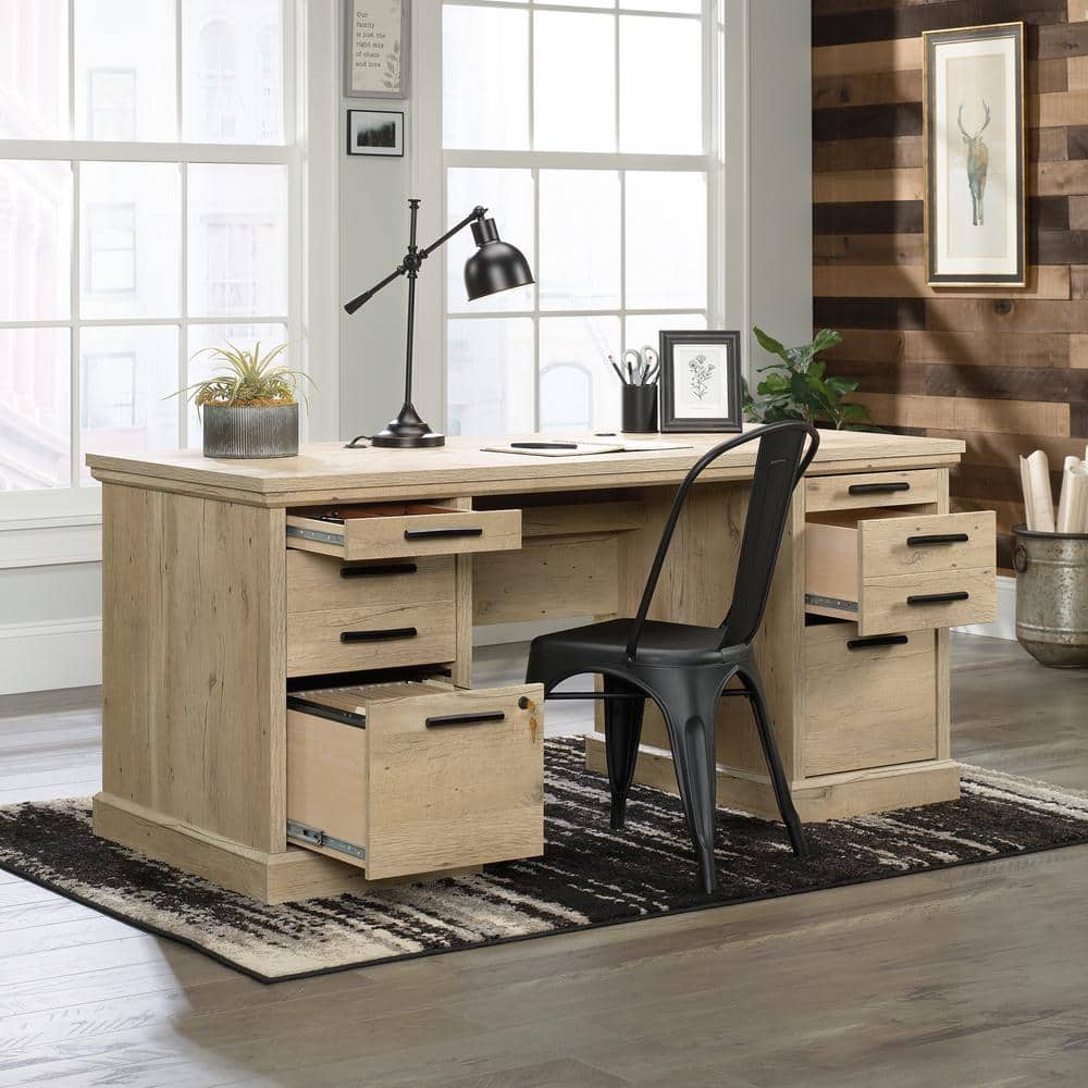 Executive Prime Oak Desk with Locking Drawers and Cord Management
