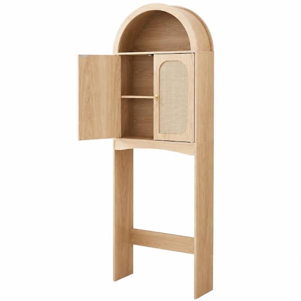 Over the Toilet Storage Cabinet 68.1 in. H Arched Rattan-Style Bathroom Organizer with Doors Natural