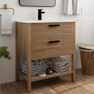 SCHAT 18 in. W x 30 in. D x 34 in. H Freestanding Bath Vanity in Imitative Oak with White Ceramic Top and Drawers