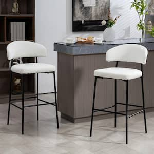 Bennett White Boucle Upholstered Fabric Bar Stool with Black Iron Legs, Set of 2