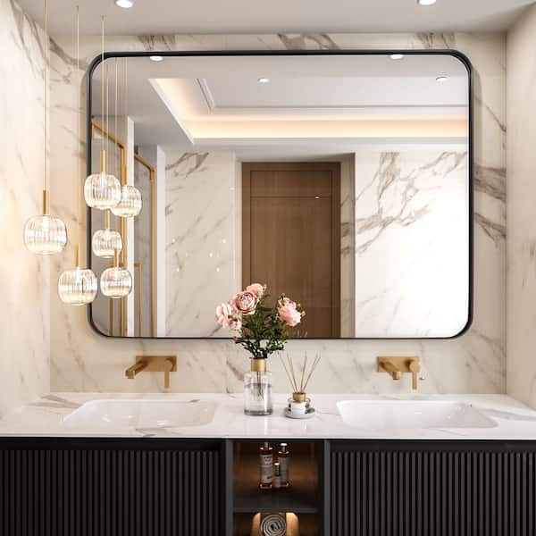 48 in. W x 36 in. H Tempered Glass Rectangular Framed Wall-Mounted Bathroom Vanity Mirror in Black