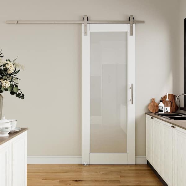 30 in. x 96 in. 1 Lite Tempered Frosted Glass White Finished MDF Sliding Barn Door with Hardware Kit Nickel Plated