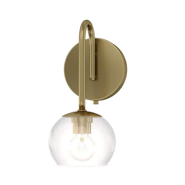 LumLight Belford 5 in. Plug and Play 1-Light Lacquered Brass Wall Sconce with SkyPlug