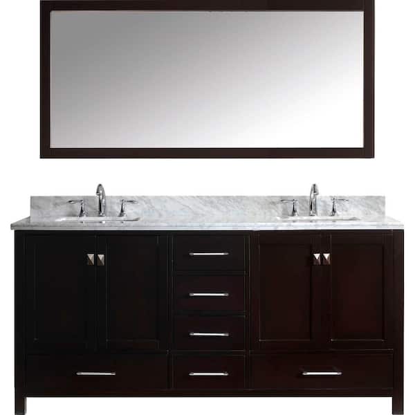 Virtu USA Caroline Avenue 72 in. W Bath Vanity in Espresso with Marble Vanity Top in White with Square Basin and Mirror
