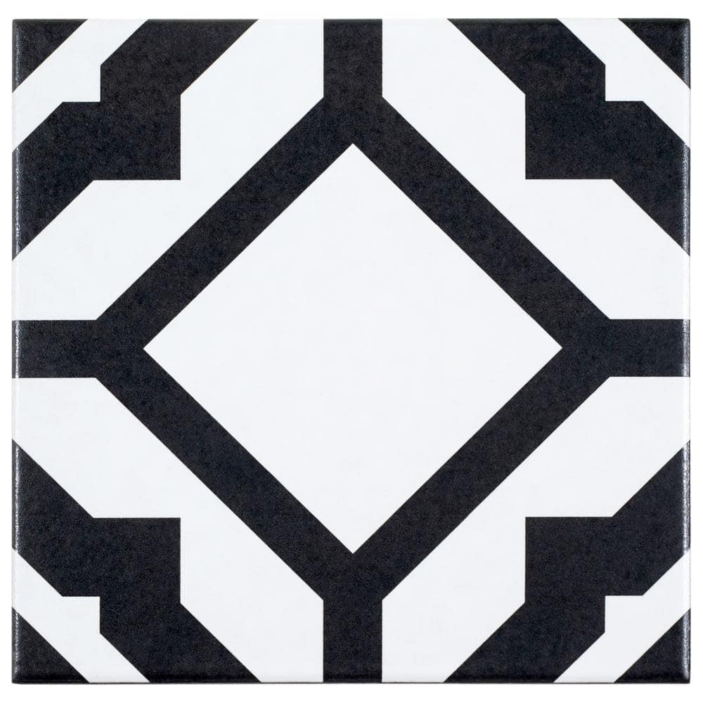 Luv Enchanted Black and White 8 in. Encaustic Patterned Matte Porcelain Wal