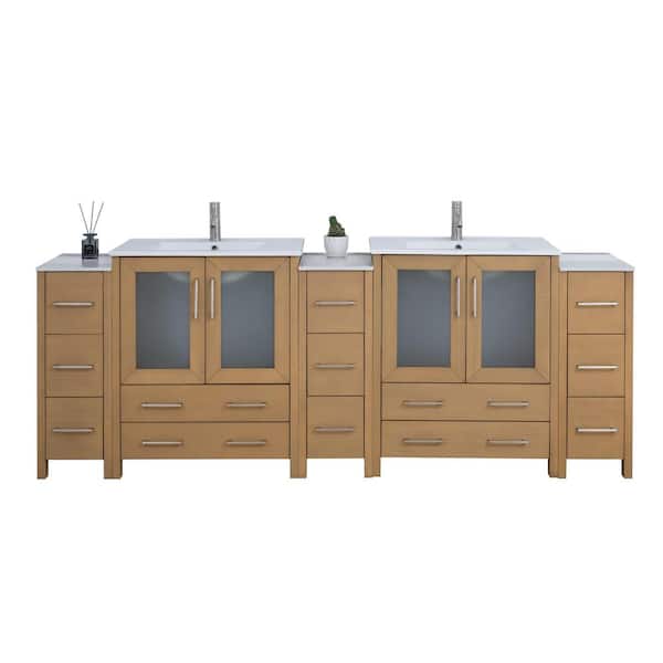 96 in. W x 18 in. D x 36 in. H Natural Oak Bath Vanity with White Ceramic Top and Mirror