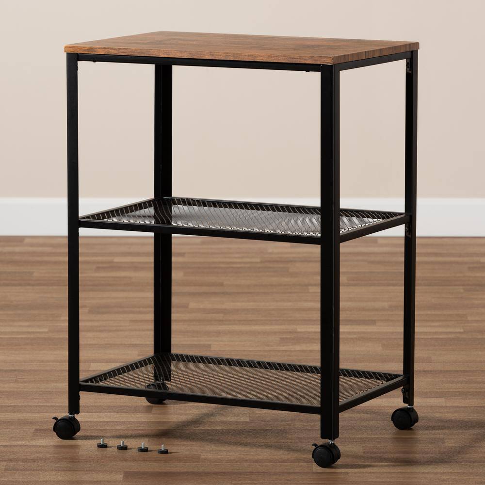 Verna Oak Brown and Black Wood Kitchen Serving Cart with Storage