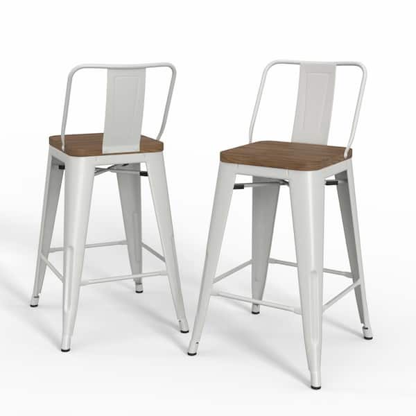 Simpli Home Rayne Industrial Metal 24 in. Metal / Wood Counter Height Stool (Set of 2) in White