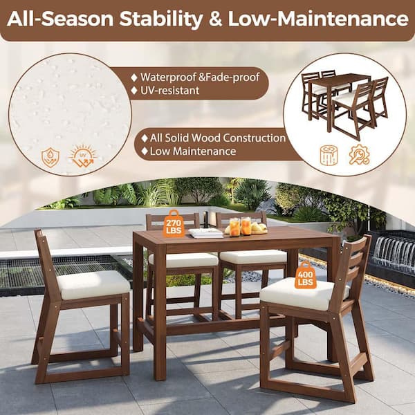 5-Piece Wood Outdoor Bistro Set with Beige Cushion, Outdoor Patio