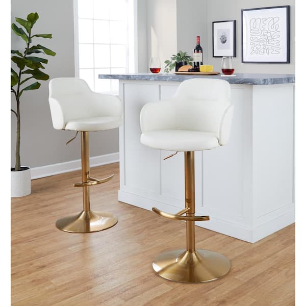 LumiSource Boyne 33 in. White Faux Leather and Gold Metal Adjustable Bar Stool with Rounded T Footrest (Set of 2)