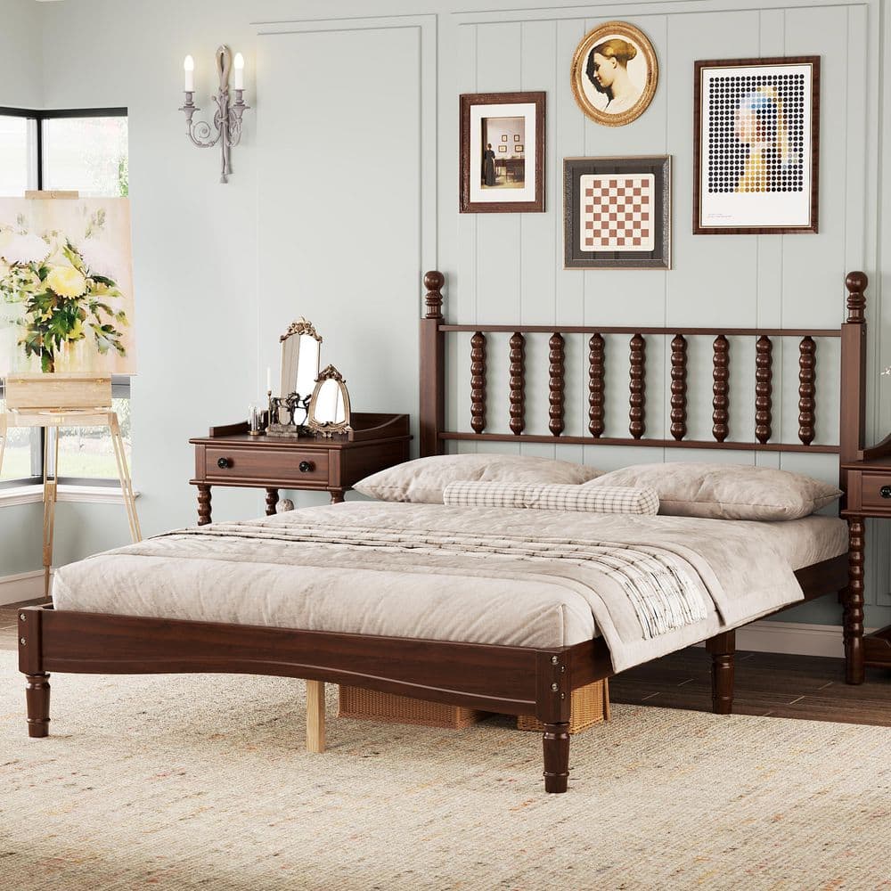 Walnut Brown Wood Frame Full Size Platform Bed with Gourd Shaped Headboard price history on PriceWatchPro