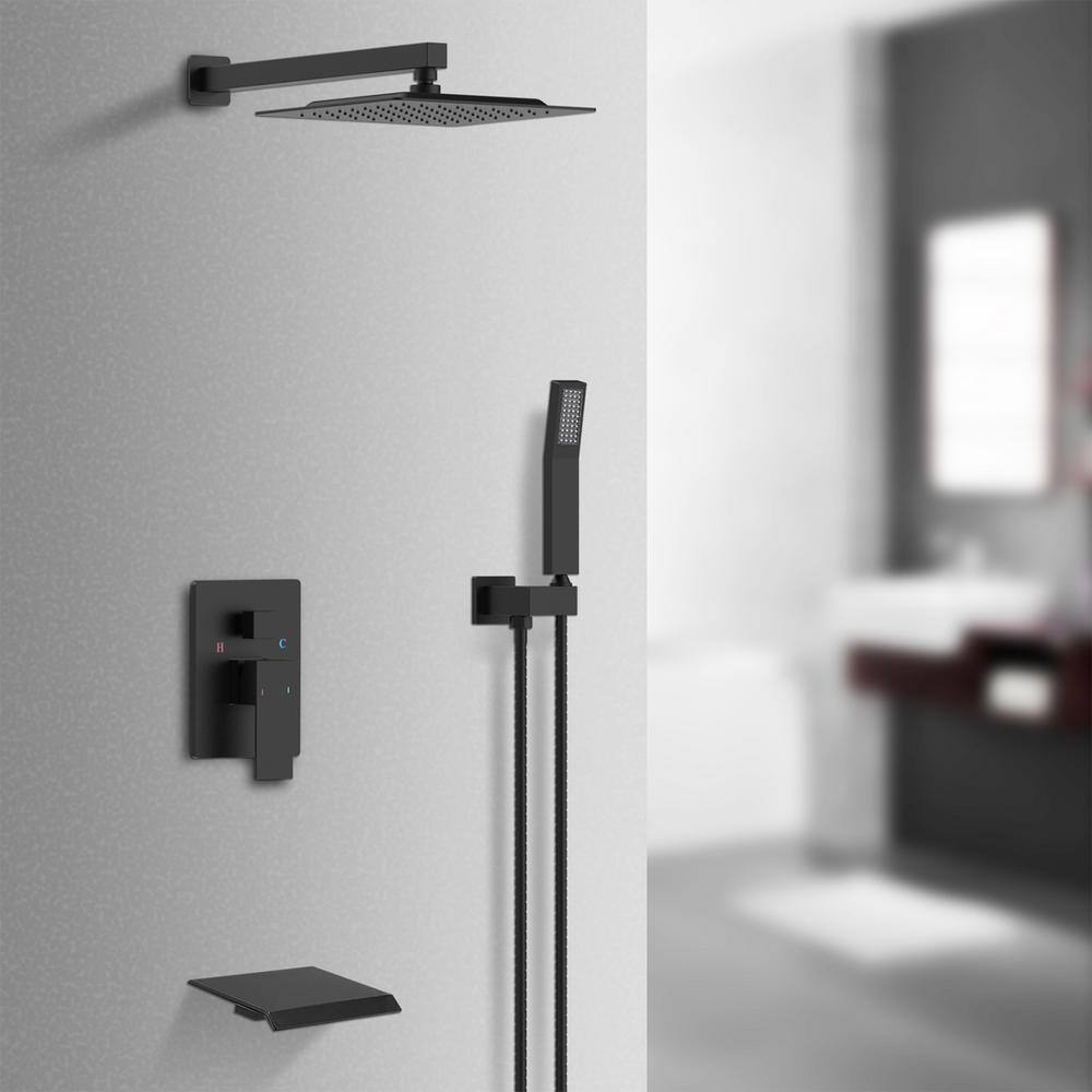 Matte Black 10-Inch Square Rainfall Shower Head with Handheld Spray