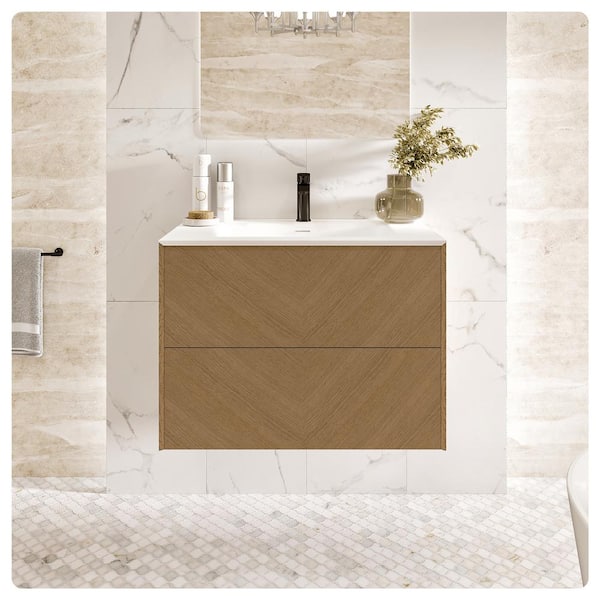 Eviva Lotus 24 in. Single Sink Floating Natural Oak Bath Vanity with White Solid Surface Top (Assembled)