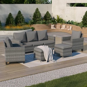 5-Piece Outdoor Patio Conversation Set Widened Back and Arm Gray Rattan 3-Seat Sofa 2-Ottomans, Soft Cushions, Gray