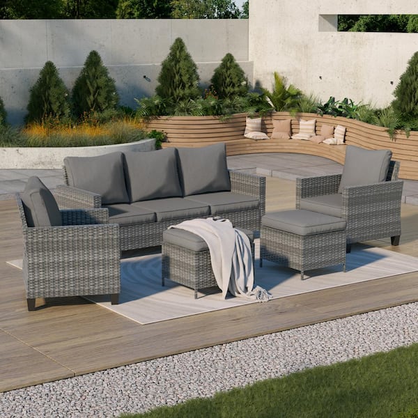 Sonkuki 5-Piece Outdoor Patio Conversation Set Widened Back and Arm Gray Rattan 3-Seat Sofa 2-Ottomans, Soft Cushions, Gray