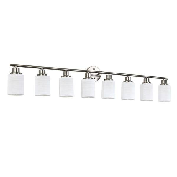 52 in. 8-Light Modern Brushed Nickel Wall Bathroom Mirror Vanity Light with Frosted Glass Shade (Bulb Not Included)