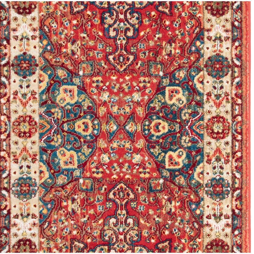 Kashan Red and Ivory Floral Synthetic Runner Rug 2'6" x 8'