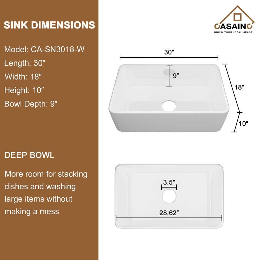 Glossy White Fireclay Single Bowl Farmhouse Kitchen Sink with Accessories
