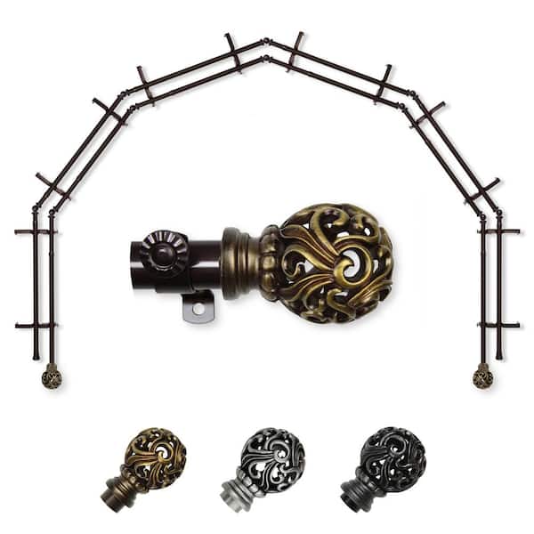 EMOH 13/16" Dia Adjustable 6-Sided Double Bay Window Curtain Rod 28 to 48" (each side) with Cruz Finials in Cocoa