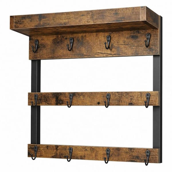 Rustic Brown Wall Mounted Coffee Mug Hook Rack, Cups Rack with 12-Hooks and Storage Shelf