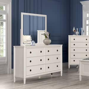 Whitfield Modern French White 6-Drawer 62 in. Dresser With Mirror and Cedarwood-Lined Bottom Drawers