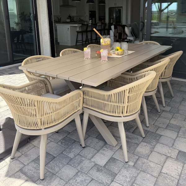 9-Piece Aluminum All-Weather PE Rattan Rectangular Outdoor Dining Set with Cushion, Champagne