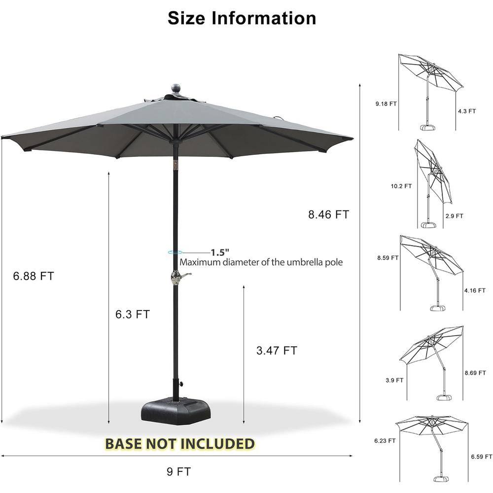 Gray 9FT Aluminum Patio Umbrella with Dual Tilt and Crank