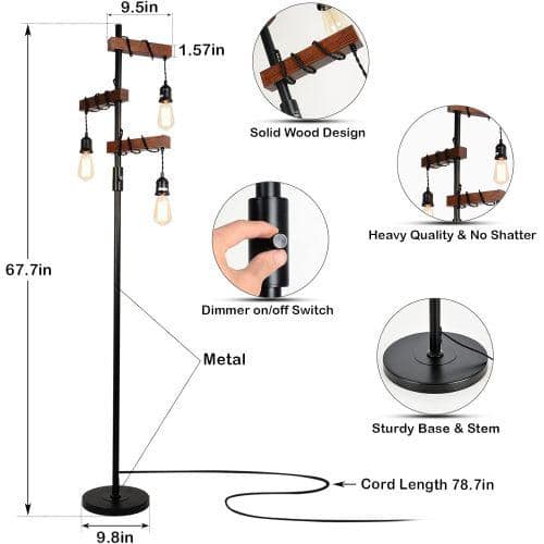 68 Inch Black Metal and Wood Tree Floor Lamp with Dimmable Lights