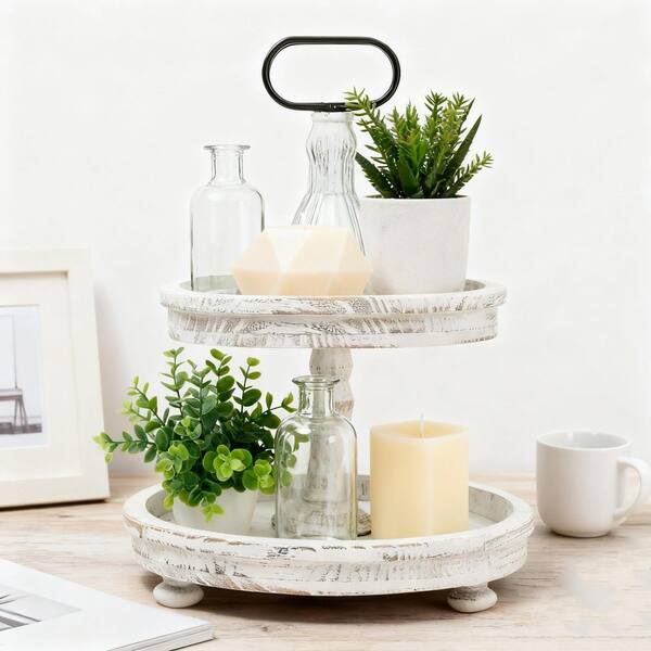 White Wood 12 in. Round Farmhouse Decorative Tiered Tray