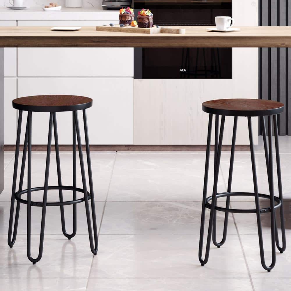 Rustic Elm 24-Inch Backless Counter Stool with Hairpin Metal Legs