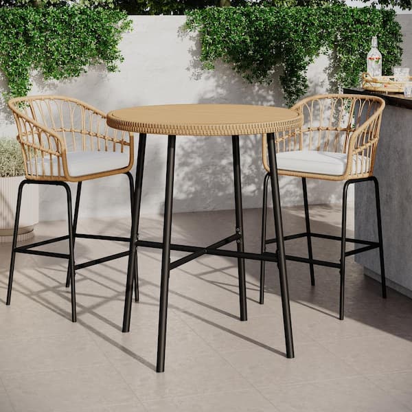 HAVEN WAY Hana 3-Piece Resin Wicker Outdoor Serving Bar Height Dining Set with Linen Cushions
