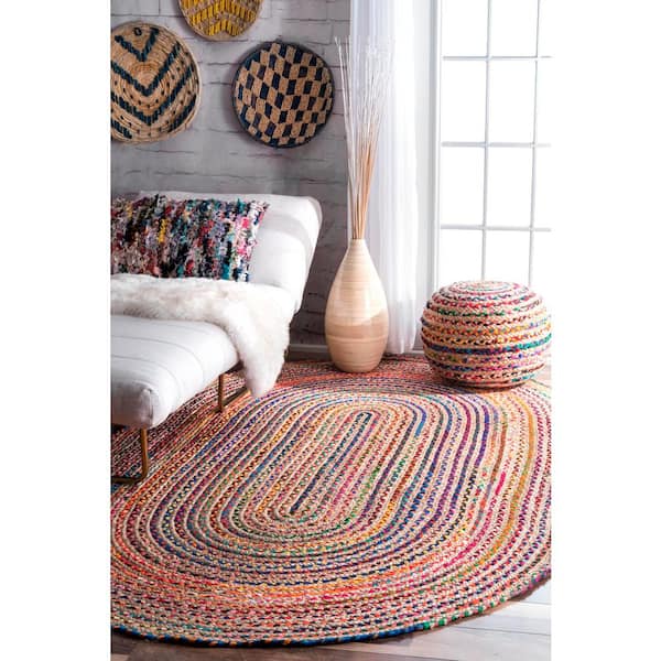 Aleen Bohemian Braided Stripes Jute Multi 5 ft. x 8 ft. Oval Rug