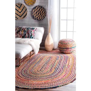 Classic Casual Abstract Geometric Pattern Soft Durable Multi Colored Navy Area Rug for Bedroom Kitchen Transitional 11' x 14' Oval Handcrafted Rustic Braided Farmhouse Area Rug Living Room Decor