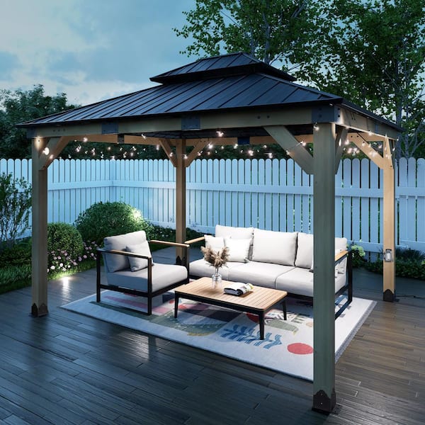 14 ft. x 12 ft. Upgrade Cedar Wood Frame Gazebo with 2-Tier Galvanized Metal Roof and Outlets, for Patio Deck and Lawn
