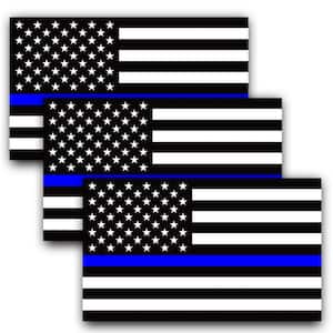 5 in. x 3 in. Thin Blue Line US Flag Decal Black White and Blue Reflective Stripe American Flag Car Stickers (3-Pack)