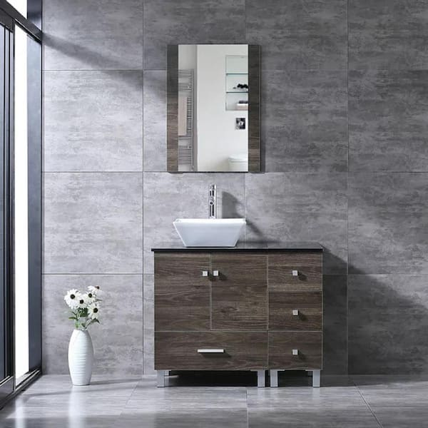 walsport Wonline 36.4 in. W x 21.7 in. D x 60 in. H Single Sink Bath Vanity in Brown with Black Top and Mirror